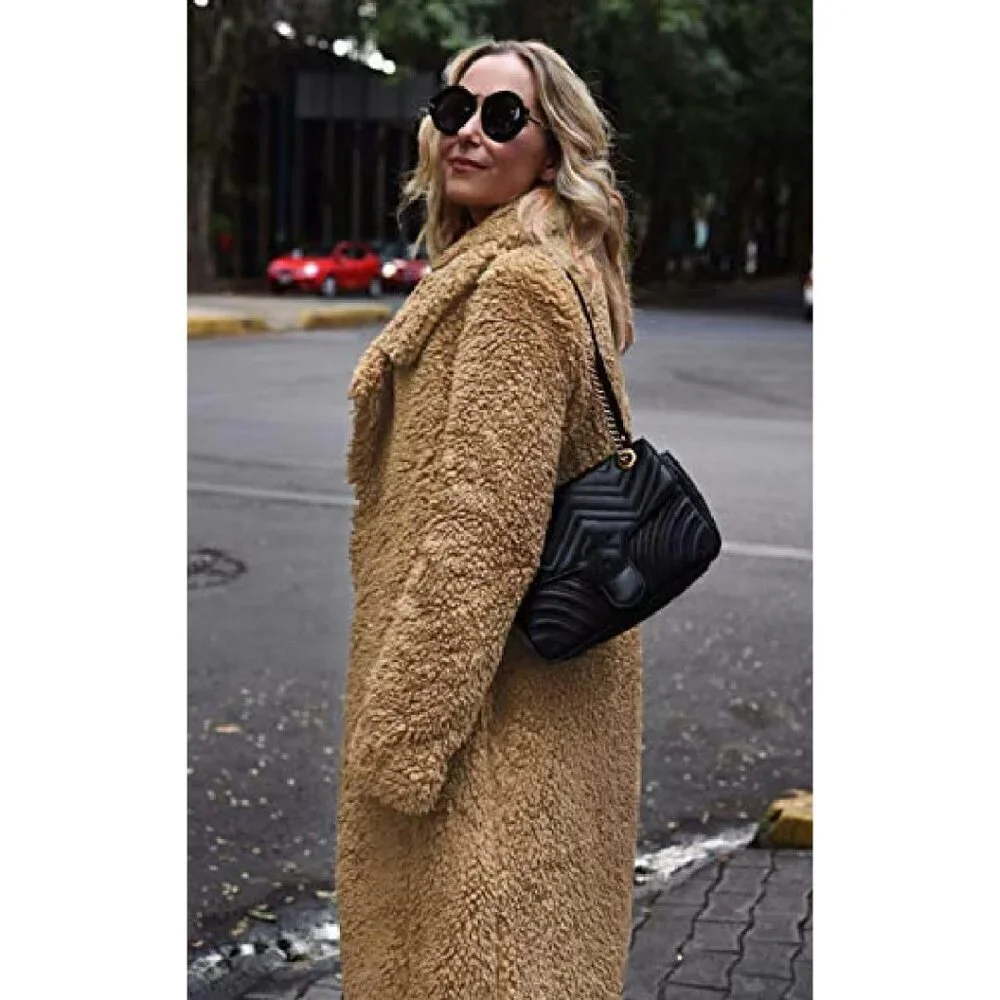 Women's Fuzzy Fleece Lapel Open Front Long Cardigan Coat Faux Fur